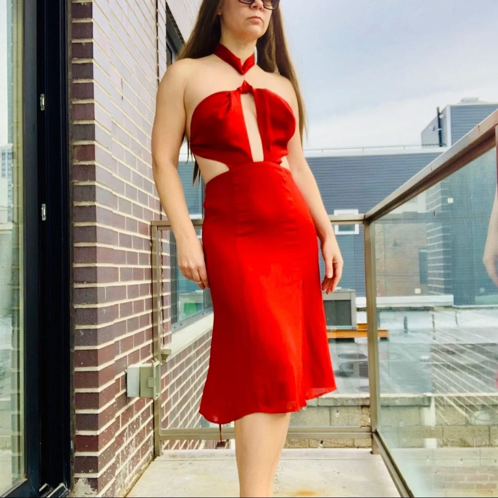 Reformation Neck Chocker Strappy Cherry MIDI Dress